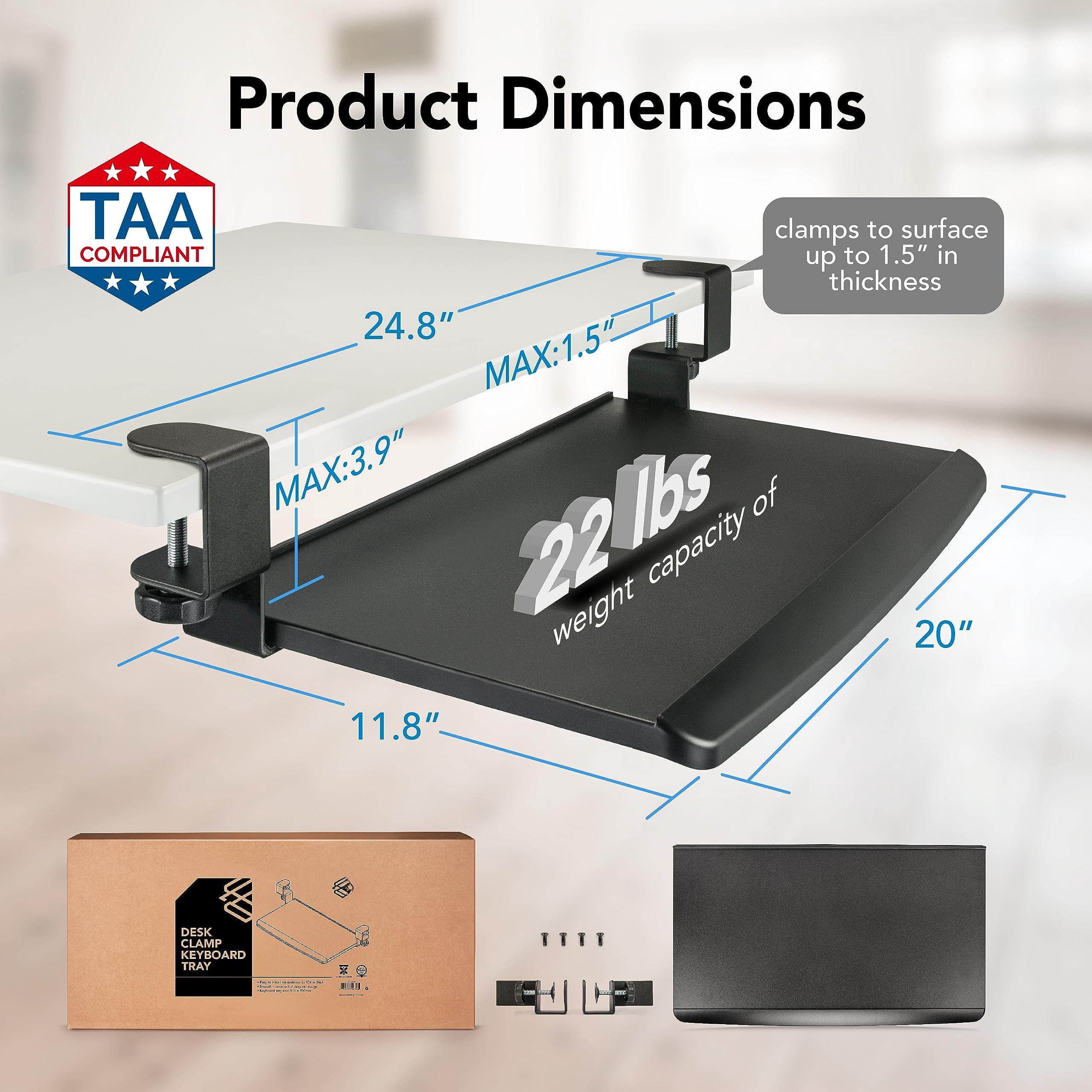 Prime Desk Clamp Tray  Under Sliding Retractable Drawer Space-saving Platform For Standard Keyboards Large 20" X 11.5" Workstation Extension