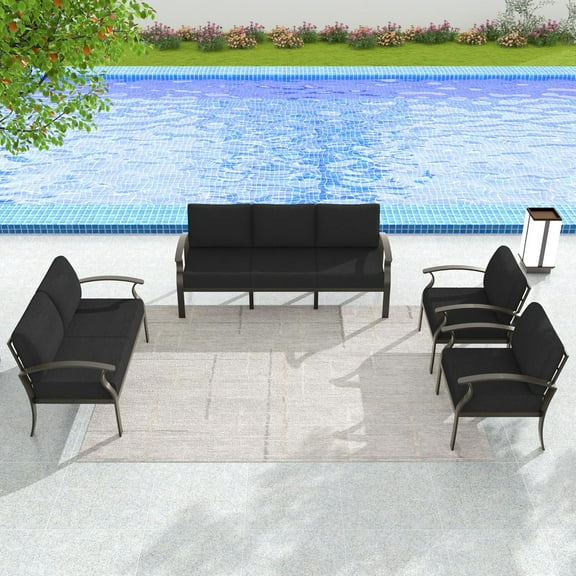 Gotland 7 Seats Outdoor Metal Patio Furniture Set with 5.1" Thick Cushion Patio Conversation Sectional Sofa Sets-Black