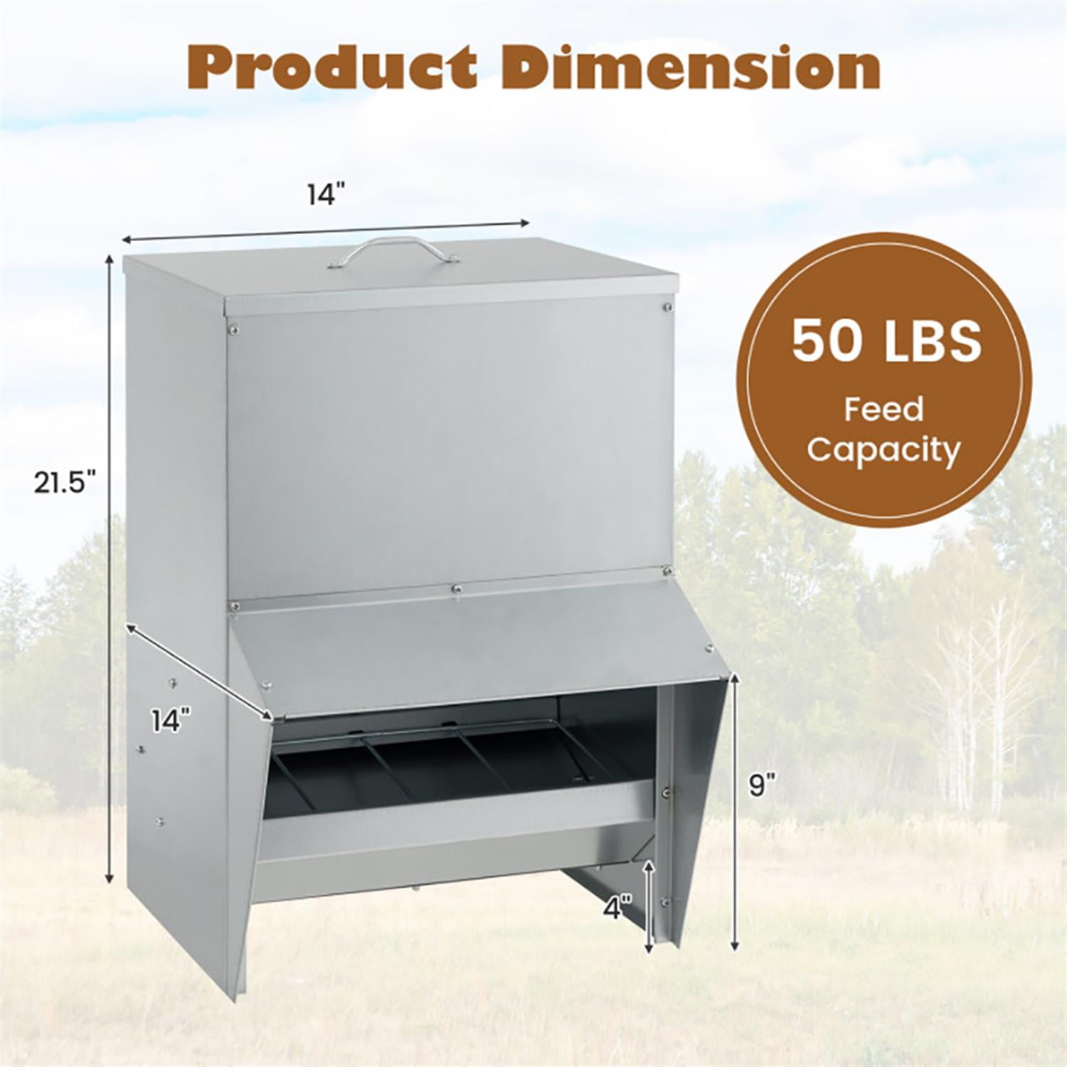 Kadyn Wall Galvanized Chicken Trough Feeder, Weatherproof Poultry Food Dispenser with Lid 50LB Capacity, Silver