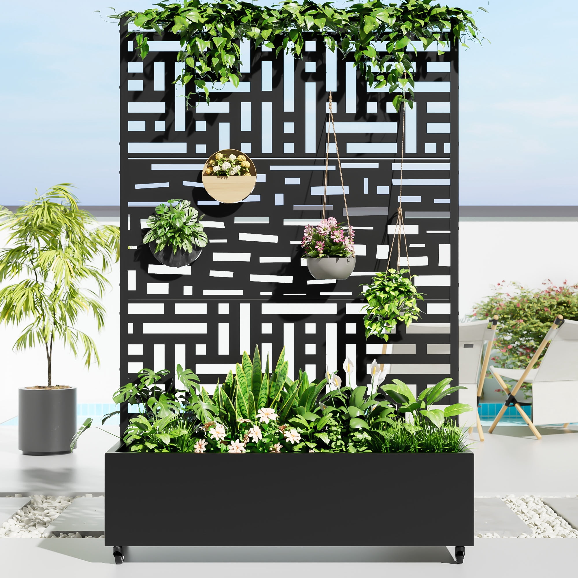 MAYEERTY 47*16*72" Outdoor Black Metal Planter Box with Trellis for Climbing Plants, Street Pattern Panel