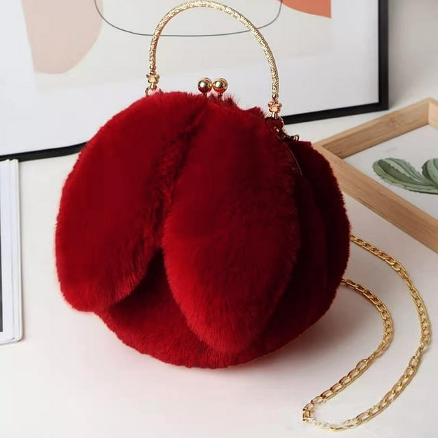 Plush Bunny Handbag Korean Fashion Simulated Fur Chain Sling Handle Bag For Woman Party Event Cute Rabbit Ear Plush Bag