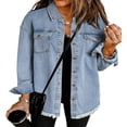 thumbnail image 1 of Vetinee Women‘s Oversized Button Up Frayed Hem Denim Jacket Button Down Long Sleeve Pockets Jean Jacket Size S-2XL, 1 of 10