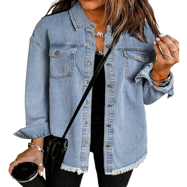 Vetinee Women‘s Oversized Button Up Frayed Hem Denim Jacket Button Down Long Sleeve Pockets Jean Jacket Size S-2XL