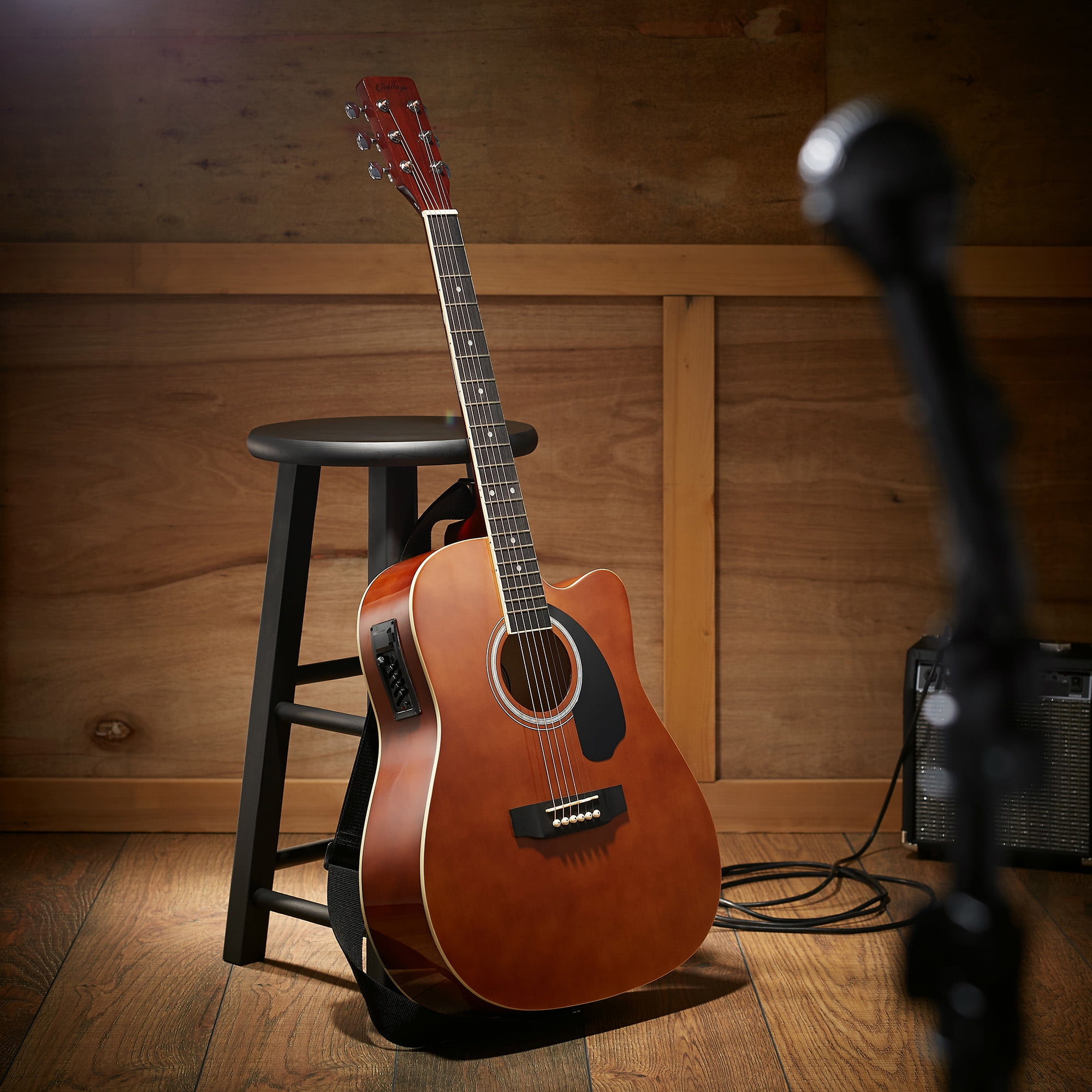 Ashthorpe Full-Size Cutaway Dreadnought Acoustic Electric Guitar Package, Brown