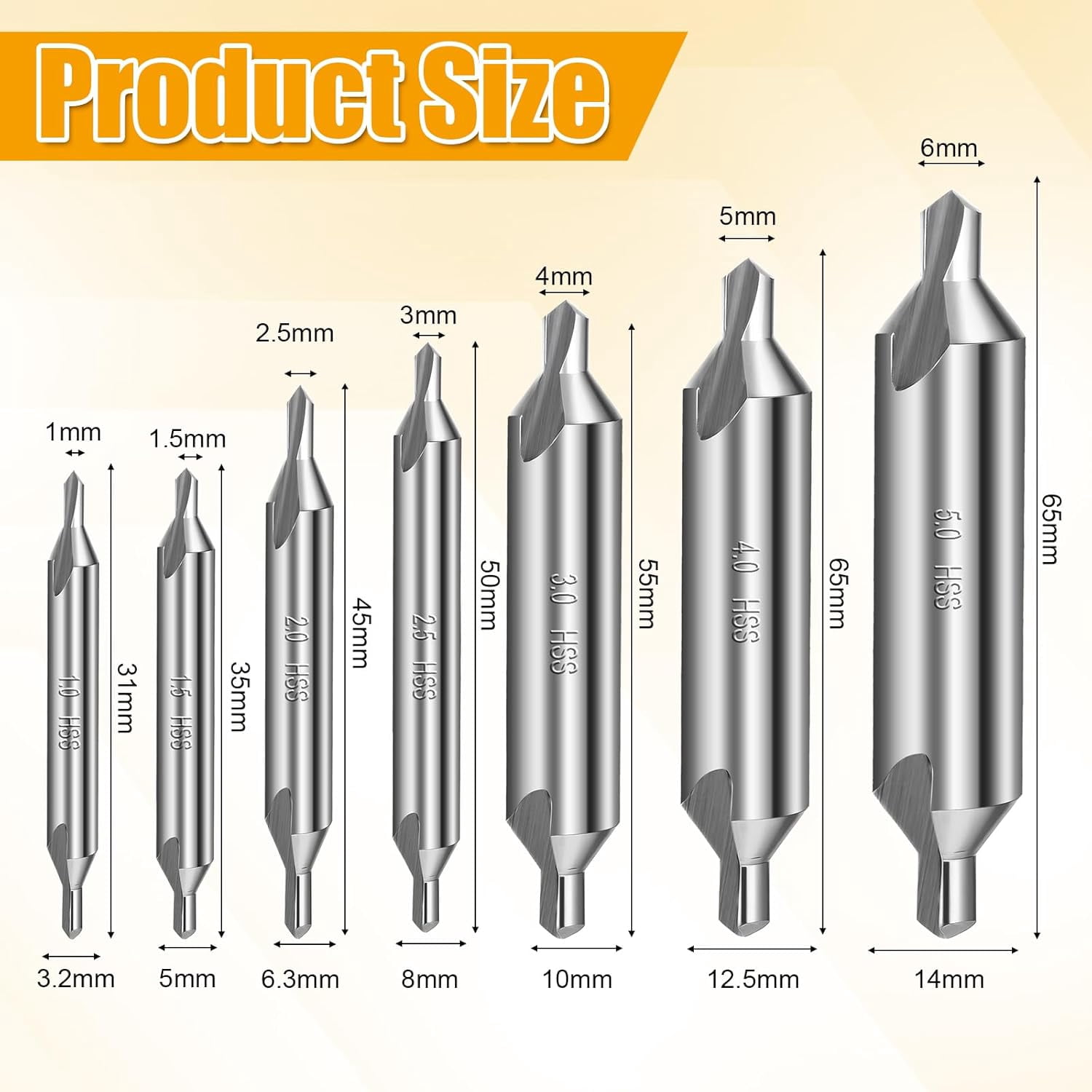 FRKSMD-7 Pcs Centering Drill Bit M2 High Speed Steel Center Drill-Bit 60-Degree Angle Center Drill Bit Set Size 1.0 1.5 2.0 2.5 3.0 4.0 5.0 Countersink Tools for Lathe Metalworking