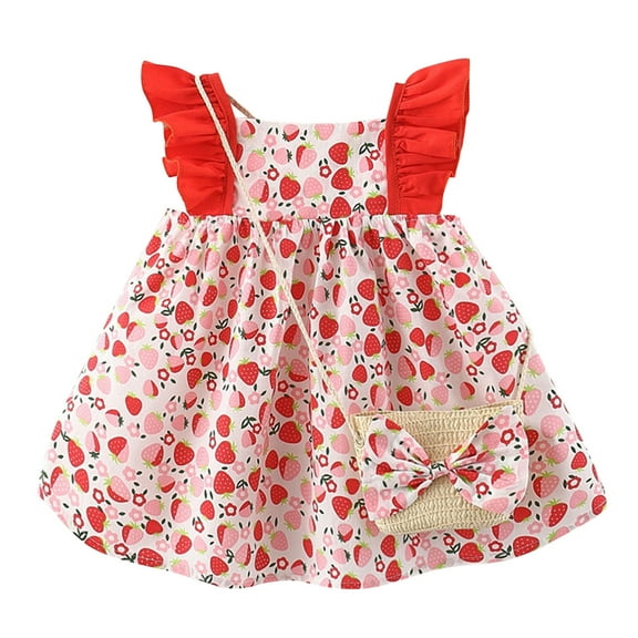 FINALGANG Toddler Girls Strawberry Print Dress Ruffle Strap A Line Casual Dress With Matching Straw Bag For Summer Daily Wear Classic Dress