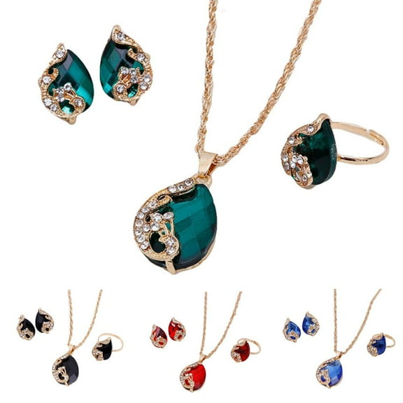 SPRING PARK Women Jewelry Set Shiny Peacock Rhinestone Necklace Earrings Ring Gift Water Drop Shaped Set