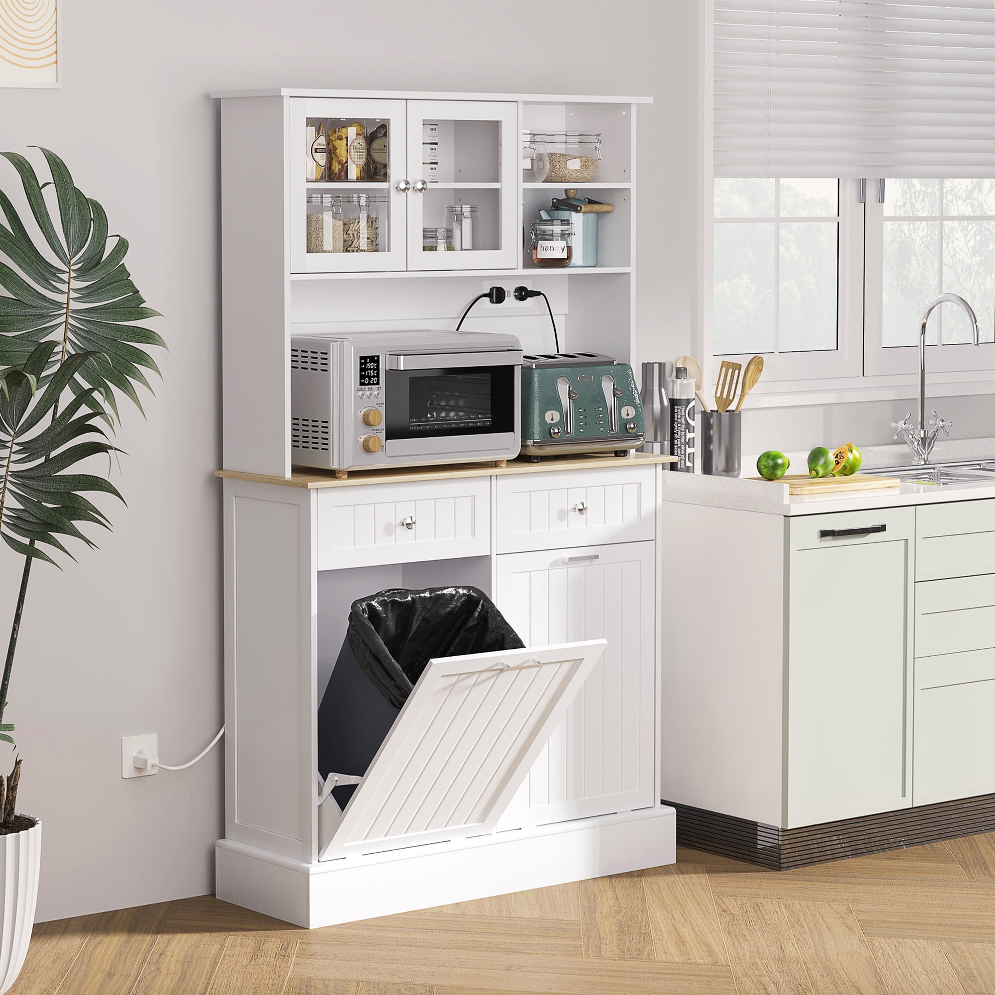 CoSoTower 68" Kitchen Pantry Storage Cabinet with Charging Station, 2 Tilt Out Trash Cabinets and Microwave Stand, Freestanding Kitchen Hutch with Glass Doors and Adjustable Shelf, White