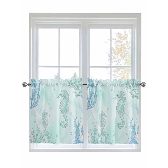 Teal Blue Seahorse Coastal 2 Panel Kitchen Curtains for Small Windows, Beach Watercolor Sea Ocean Nautical Bathroom Tier Curtain, Short Window Treatment for Bedroom/Living Room 55"x24"