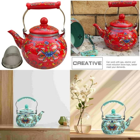 

DUFDERIA Enameled Vintage Red Floral Tea Kettle - Antique Boiling Pot for Hot Water Pour-Over Coffee Infuser - Stovetop Kitchen Decor Addition Handle