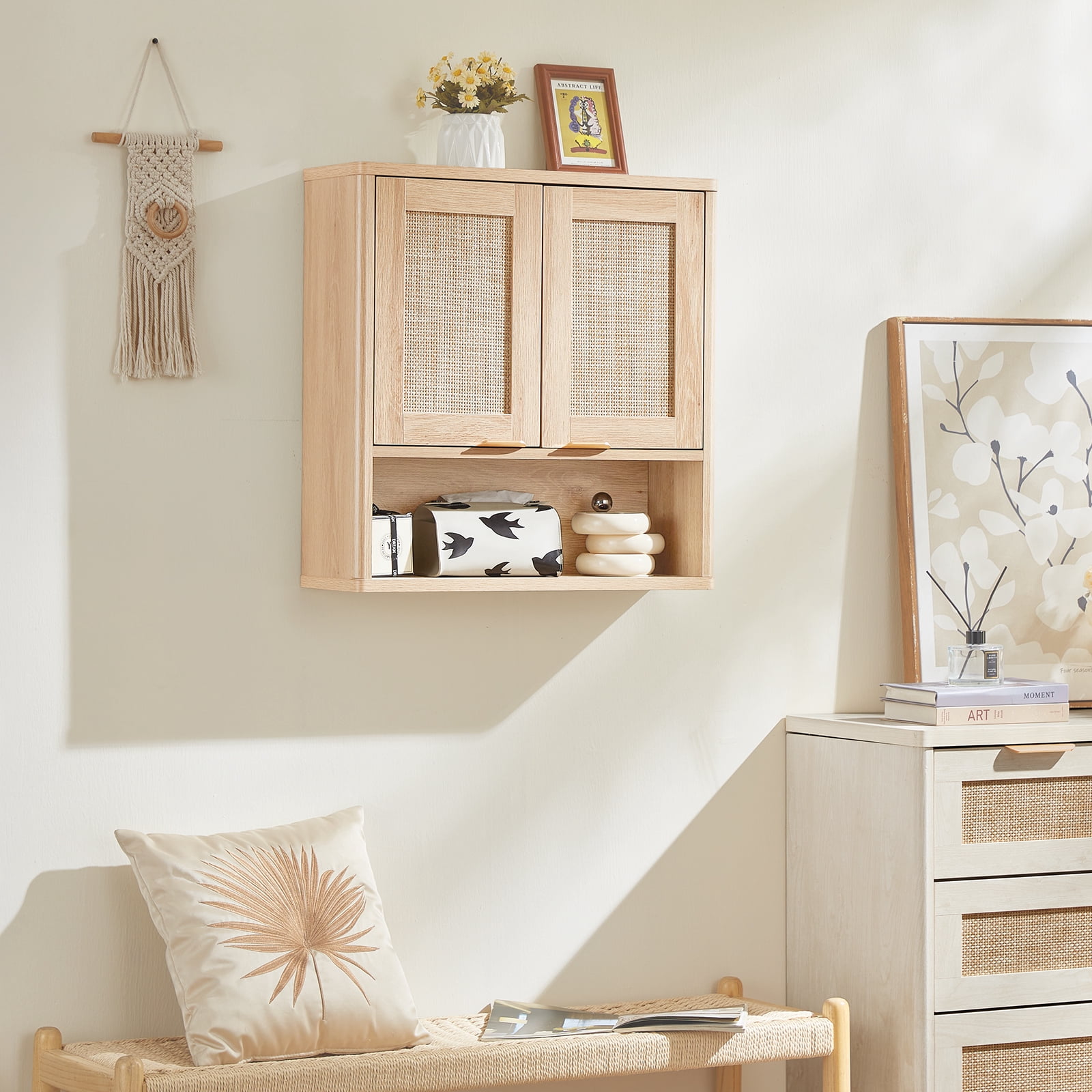 Leyaoyao Boho Bathroom Cabinet Wall Mounted with Doors, Wood Hanging Cabinet, Adult Wall Cabinets with Shelves Over The Toilet, Natural Oak