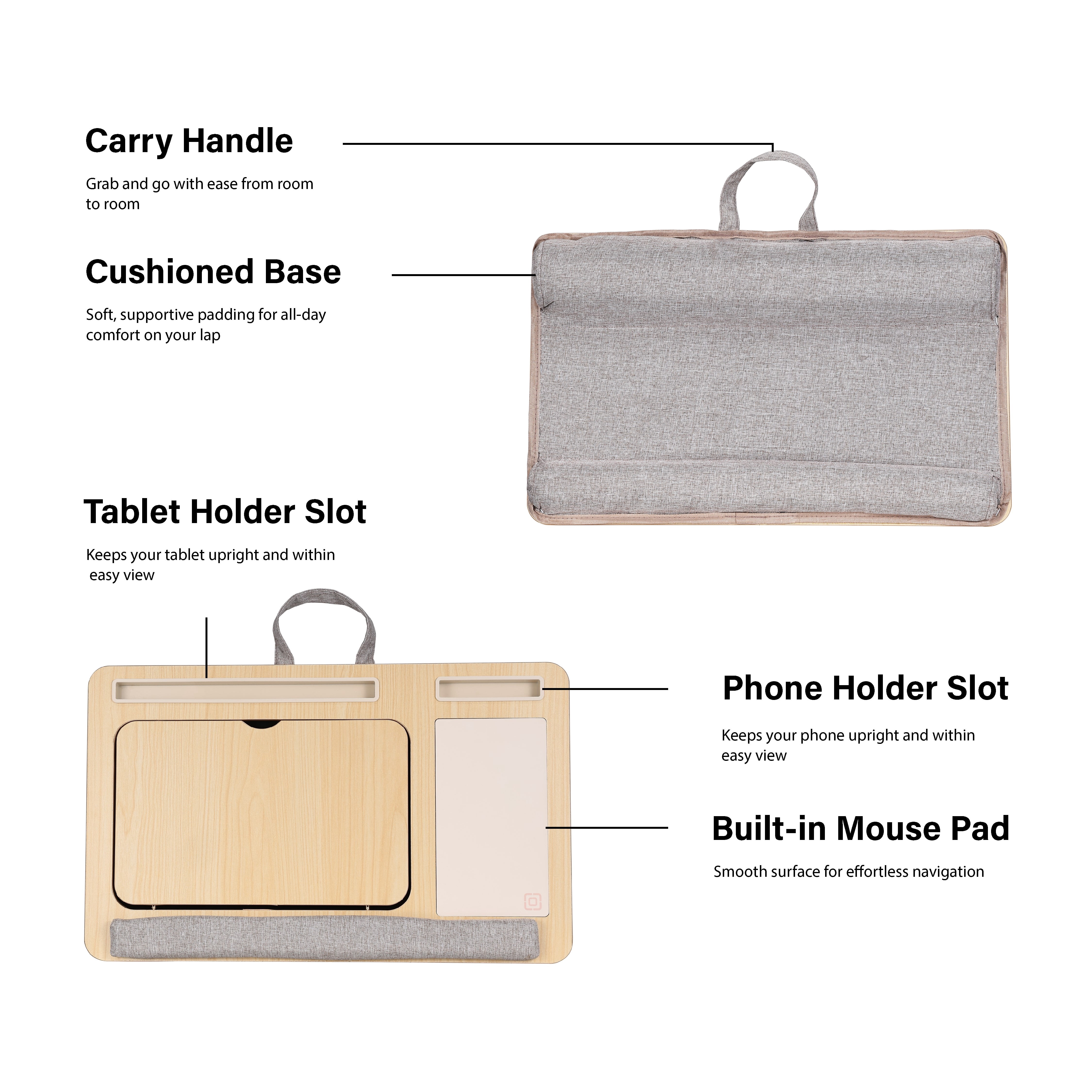 Incipio Portable Lap Desk Workstation with Cushion Base & Carry Handle, Built-in Mouse Pad, Tablet & Phone Holder Slots, Adjustable Laptop Stand for Bed, Couch & Office Use-Oak