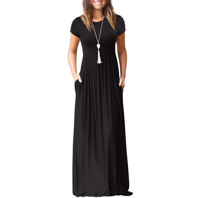 U.Vomade Femmes Manches Courtes Col Rond Poche Décontractée Longue Dress