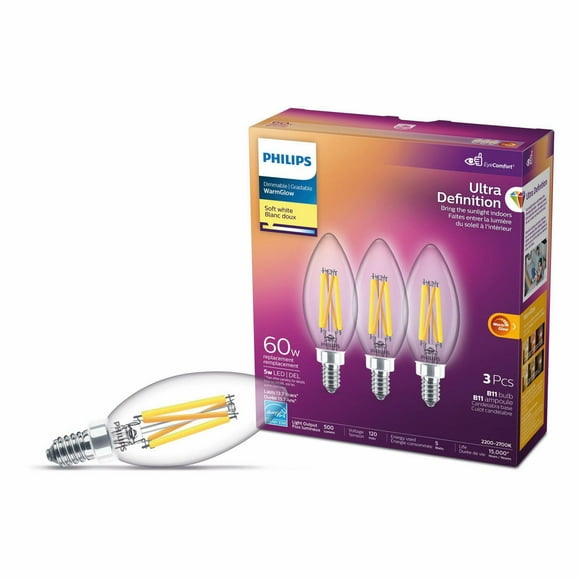 Philips UltraDefinition LED B11 E12 60W Equivalent Light Bulb, Dimmable Soft White (2700K) 3-Pack