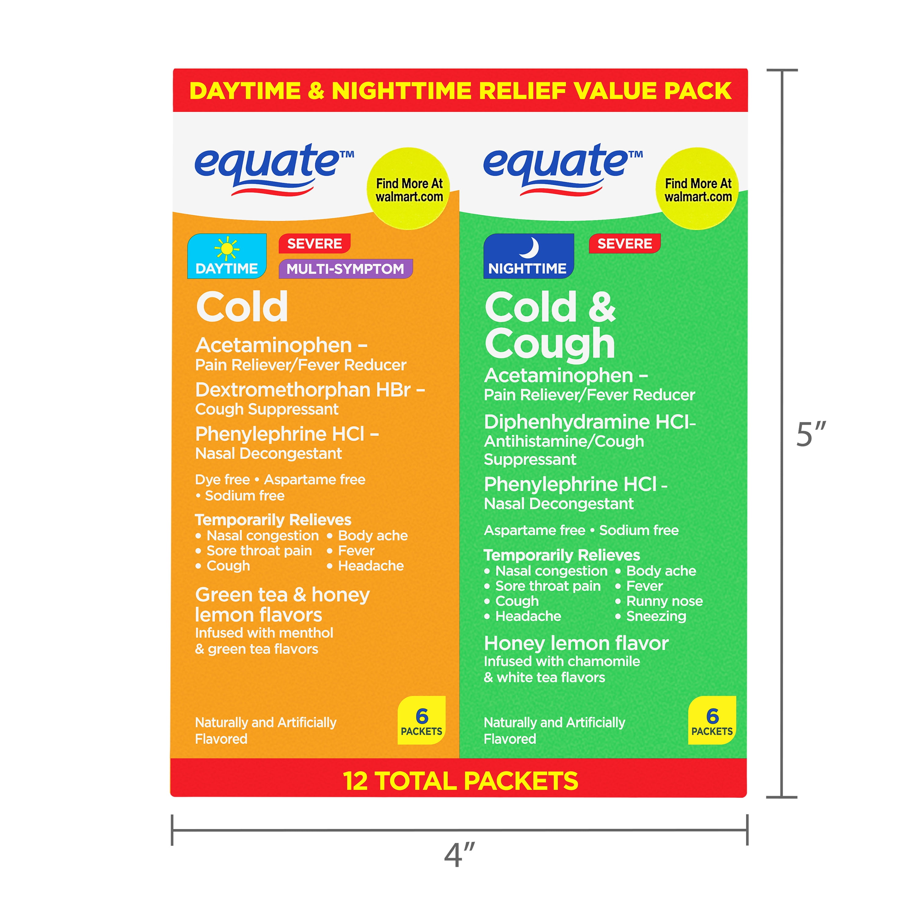 Equate Daytime and Nighttime Severe Cold & Cough Multi-Symptom Relief Combo Pack, 12 Count