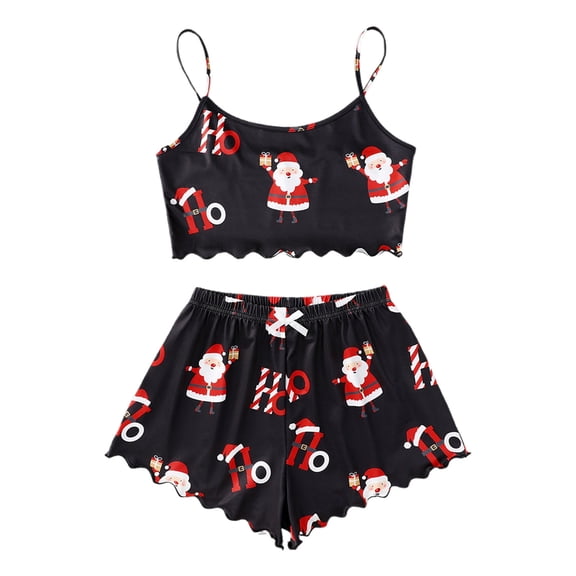 Tiweut Womens' Leisure Pajamas Sets for Christmas Santa Hat Print Slip Crop Top and Shorts Set Sleepwear Set,Red,L