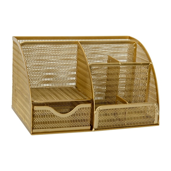 Martha Stewart Ryder Gold Mesh Metal Small Desktop Organizer for Office Accessories, Notebooks, Pen Holder and Drawer