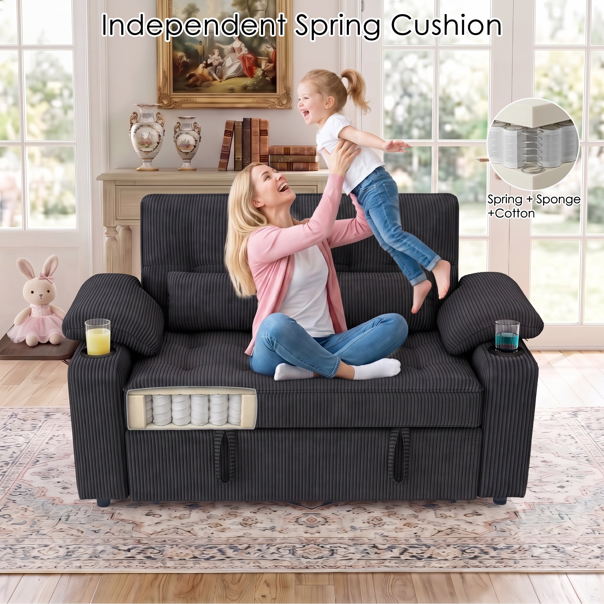 58" Convertible Sleeper Sofa Bed, Full Size Pull Out Couch with USB Charging, Cup Holders, Side Table, Adjustable Backrest, Corduroy Loveseat for Living Room, Apartment, Office (Black)