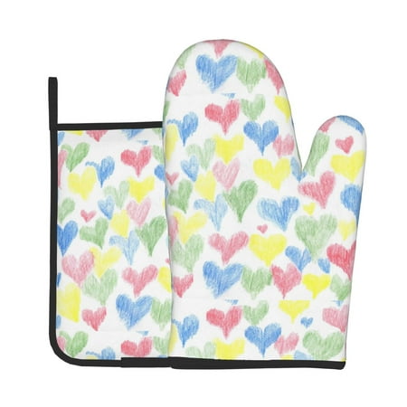 

Junzan Hand Drawn Colored Hearts Pattern Oven Mitts and Pot Holders 2 pcs Set Potholders BBQ Gloves Long Kitchen Oven Glove for Cooking Baking Grilling (2-Piece Set 11 Inch)