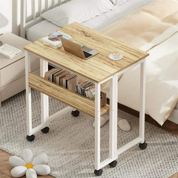 Folding Desk Small Rolling Desk with Storage Shelf,31.5 inch Foldable Computer Desk with Wheels for Small Space, Easy Assembly,Oak