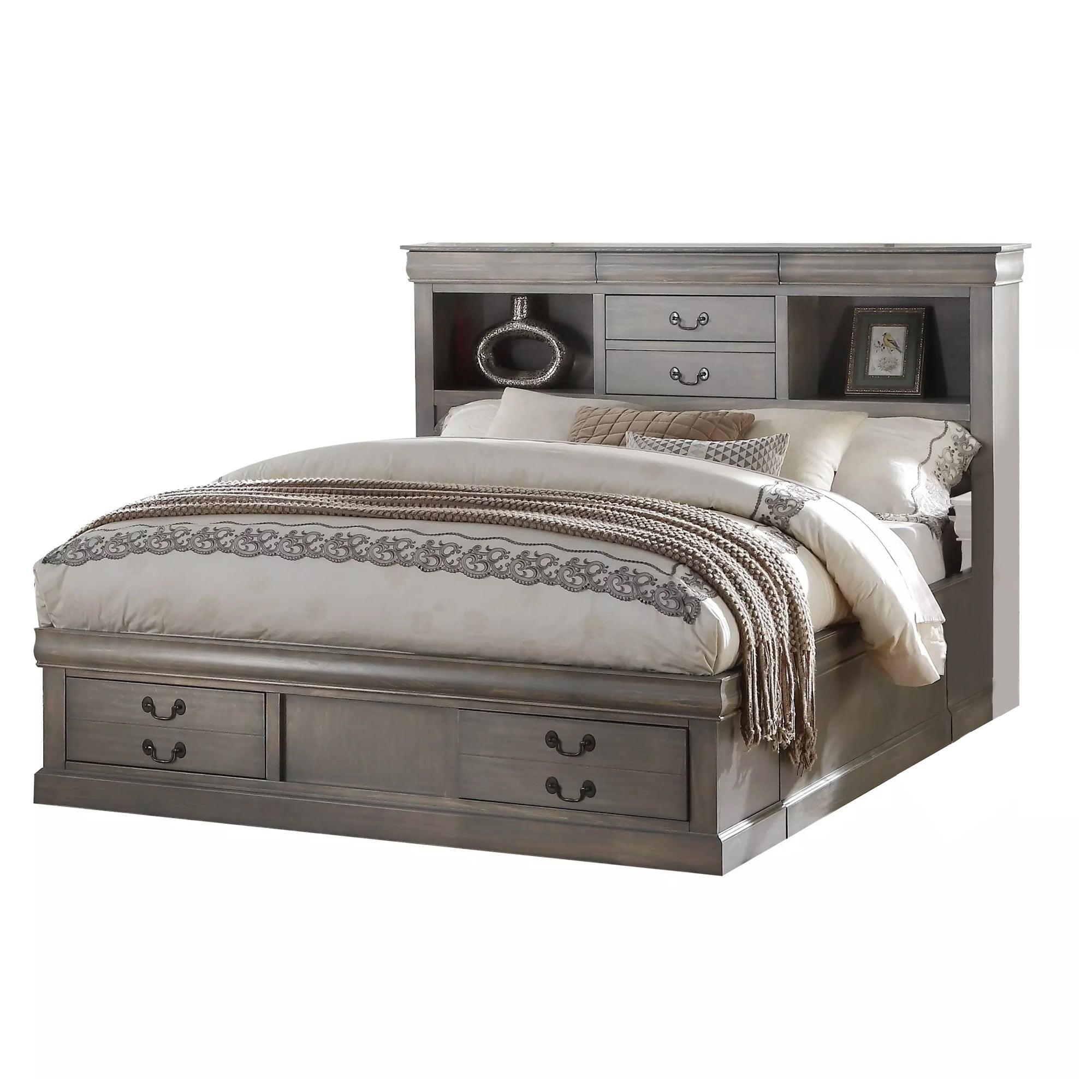 Wooden Queen Size Bed with 4 Drawers and 2 Open Shelves Storage, Gray