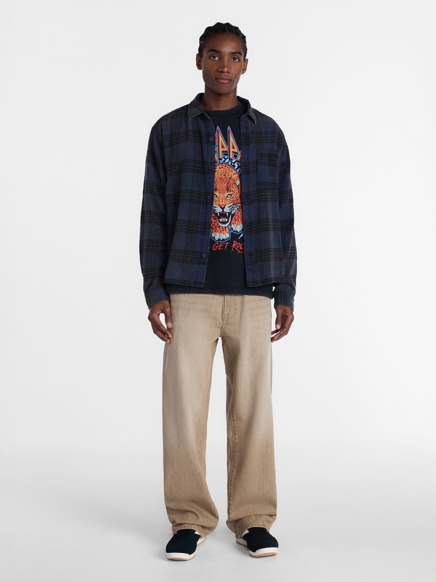 No Boundaries Boxy Fit Grunge Flannel Shirt with Long Sleeves, Men's XS-4XLT