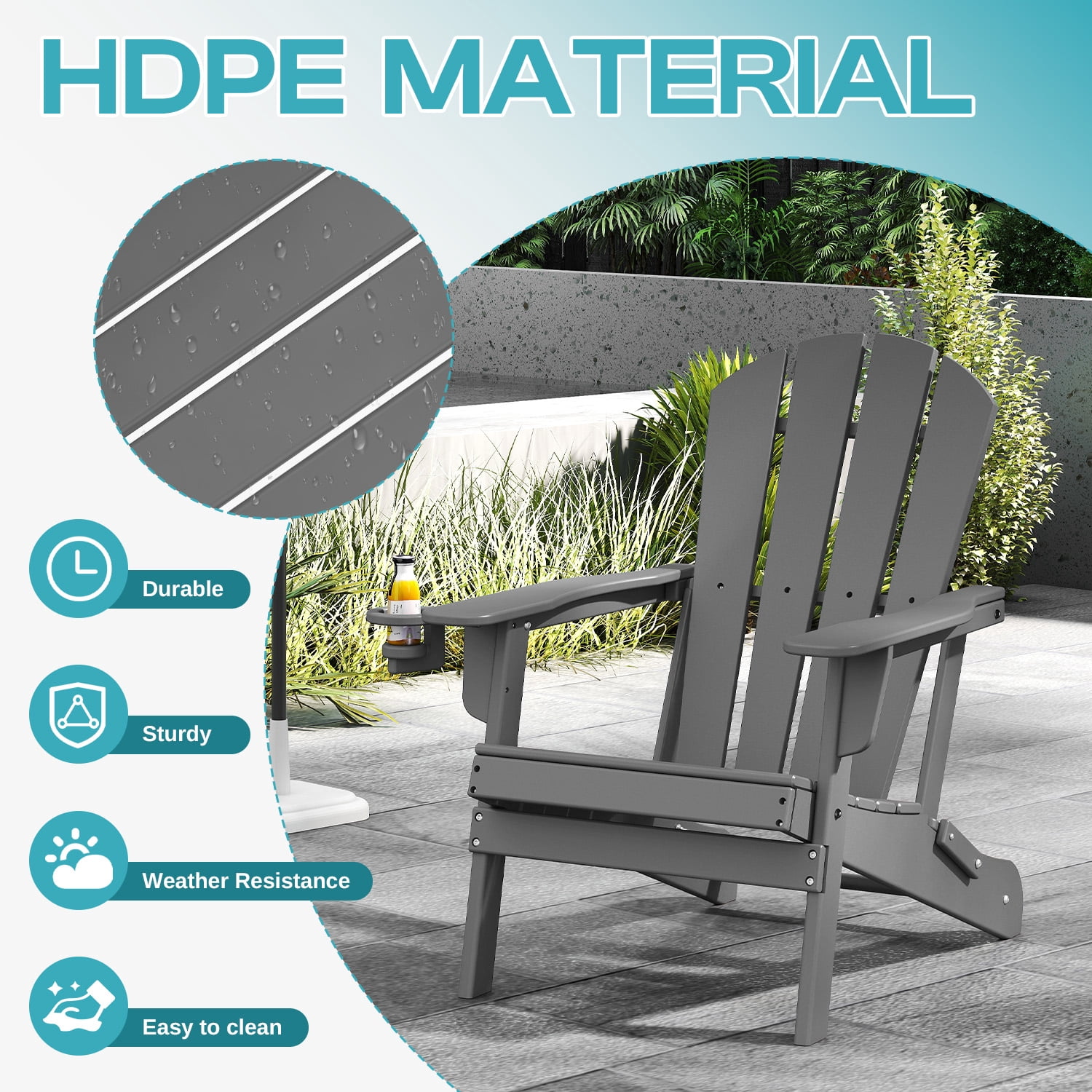 FODINGHILL Folding Adirondack Chair Set of 2,HDPE All Weather Fire Pit Chairs,Outdoor Plastic Chairs for Patio Porch Garden,Grey