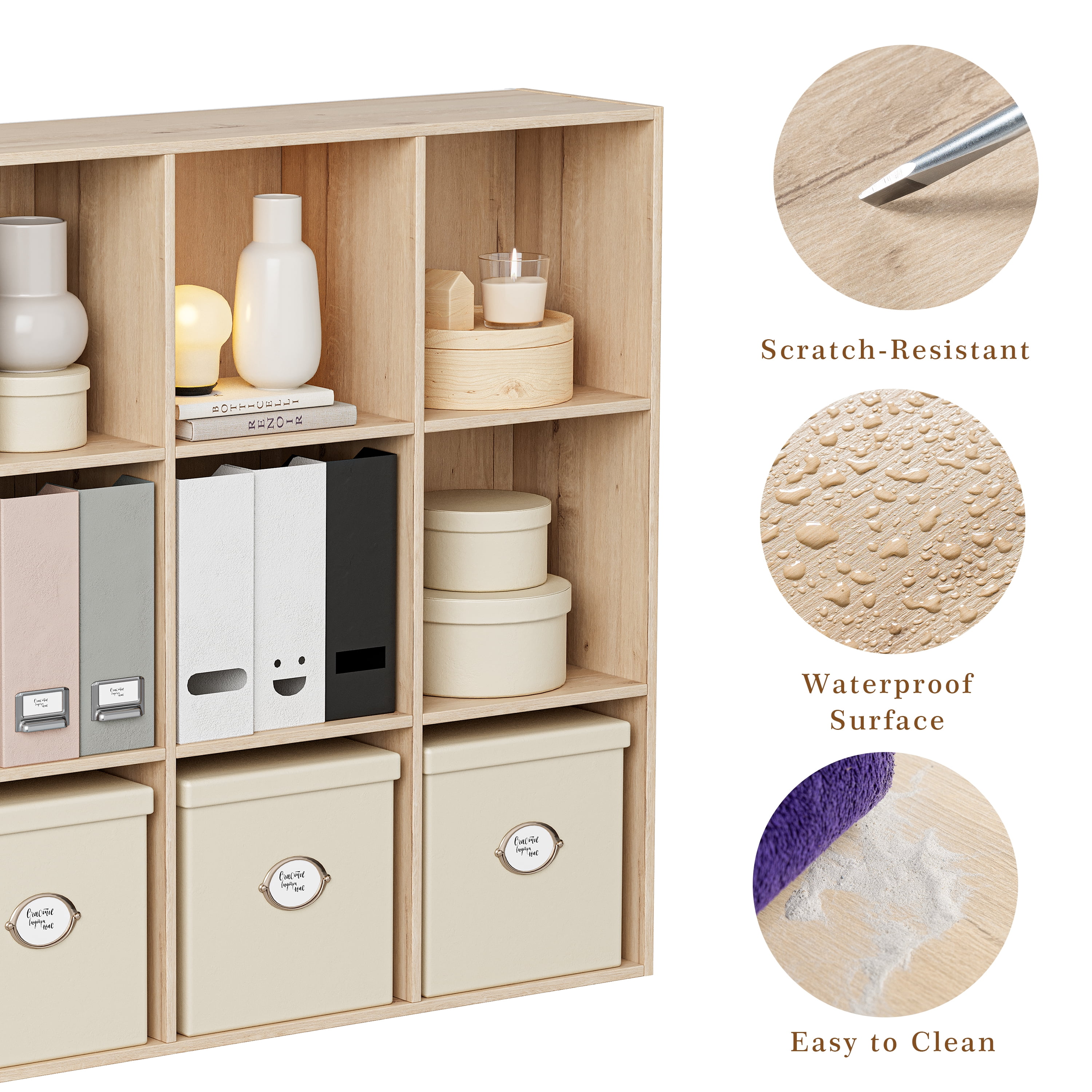 Anhdah 9 Cube Storage Organizer, Cube Bookcase Closed Back Panel Bedroom, Living Room, Home Office, Closet Bookshelves White Oak