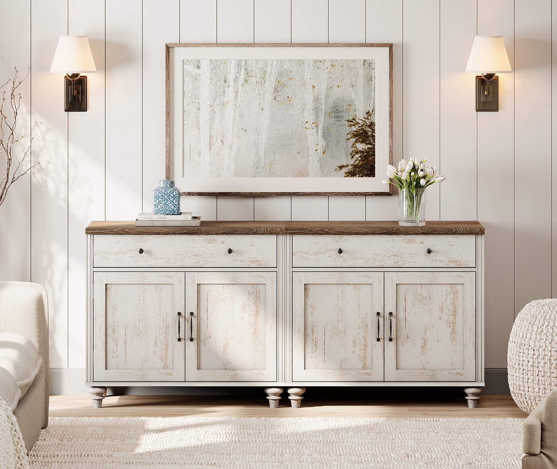 2-in-1 TV Stand, Farmhouse Wood Console Table Storage Cabinet for Living Room, Kitchen Sideboard Buffet Cabinet With Glass Door for Dining Room, Rustic White