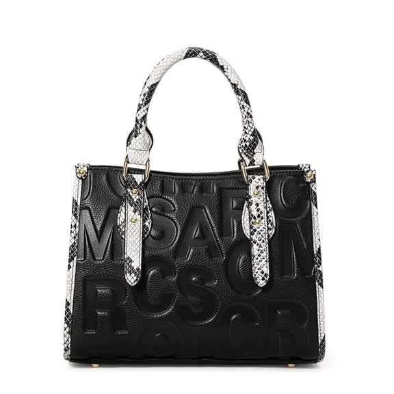 Genuine Cowhide Leather Embossed Letter Tote Bag, Women's Snake-pattern Handle Top-handle Shoulder Bag