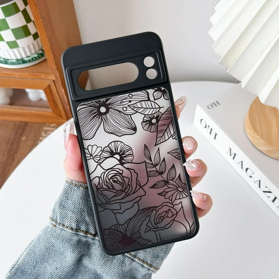 for Google Pixel 8 Pro Case, Floral Pixel 8 Pro Case Cute Aesthetic Rose Flower Pattern Case for Women Girls, Slim TPU Bumper Shockproof Protective Case for Google 8 Pro, Black