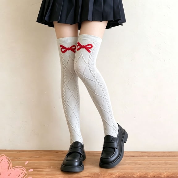Girls Diamond Knit Knee High Socks With Bow, Preppy Calf Socks, Solid Color Stockings For School Dress White 6-9Years