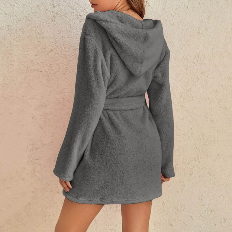 MRULIC sleepwear for women Women Hooded Fleece Bathrobe Lightweight Soft  Plush long Flannel Sleepwear Fleece Hooded Bathrobe Plush Long RobeWomen's