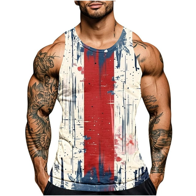 Mens Independencia Día de la Impresión Cuello Redondo Regular Casual Deportes Tanque Blusas