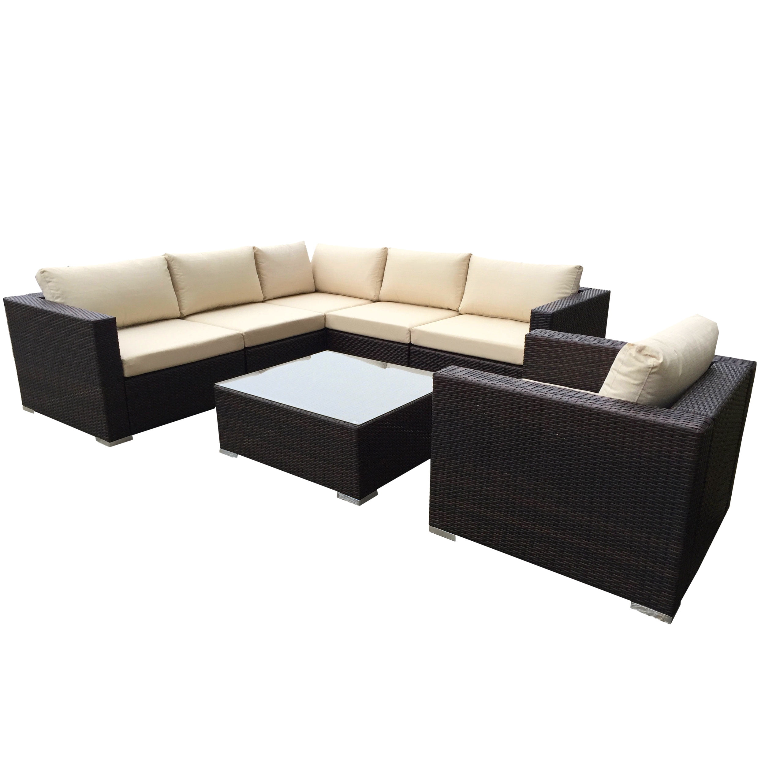 Faviola 6 Seater Outdoor Wicker Sectional Sofa Set with Aluminum Frame and Cushions, Multibrown, Beige