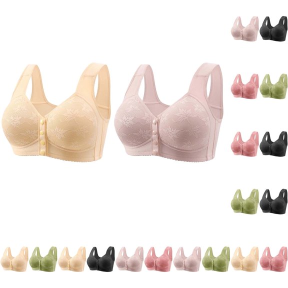 Gymayou 2 Pack Lace Bras for Women Front Closure No Underwire Comfort Bralette Senior Ladies Wireless Snap Closing Bra Beige L
