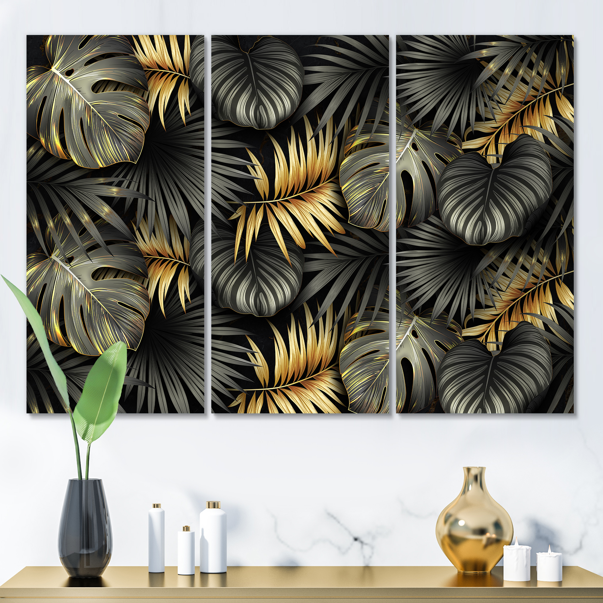Designart ' Gold and Black Tropical Leaves II ' Modern Canvas Wall Art Print