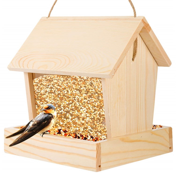 VNEKVA Wooden Hanging Bird Feeder for Outdoors - Weatherproof Automatic Wild Bird Feeder for Balconies, Villas & Garden Attraction