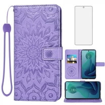 Asuwish Compatible with Motorola Moto G 5G 2024 Wallet Phone Case and Tempered Glass Screen Protector Flip Credit Card Holder Stand Mandala Flower Cell Cover for G5G 5 G G5 Women Men Purple