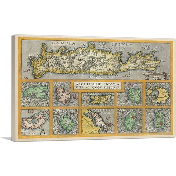 ARTCANVAS Crete and Ten other Greek Islands 1584 Canvas Art Print by Abraham Ortelius - Size: 26" x 18" (0.75" Deep)