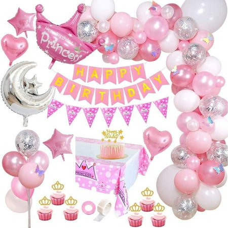 AOWEE Princess Pink Birthday Decoration Set, Pink White Balloons Arch with Princess Crown DIY Cake Topper for Baby Shower Princess Party