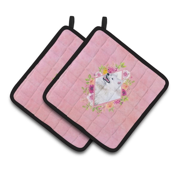 Samoyed Pink Flowers Pair of Pot Holders