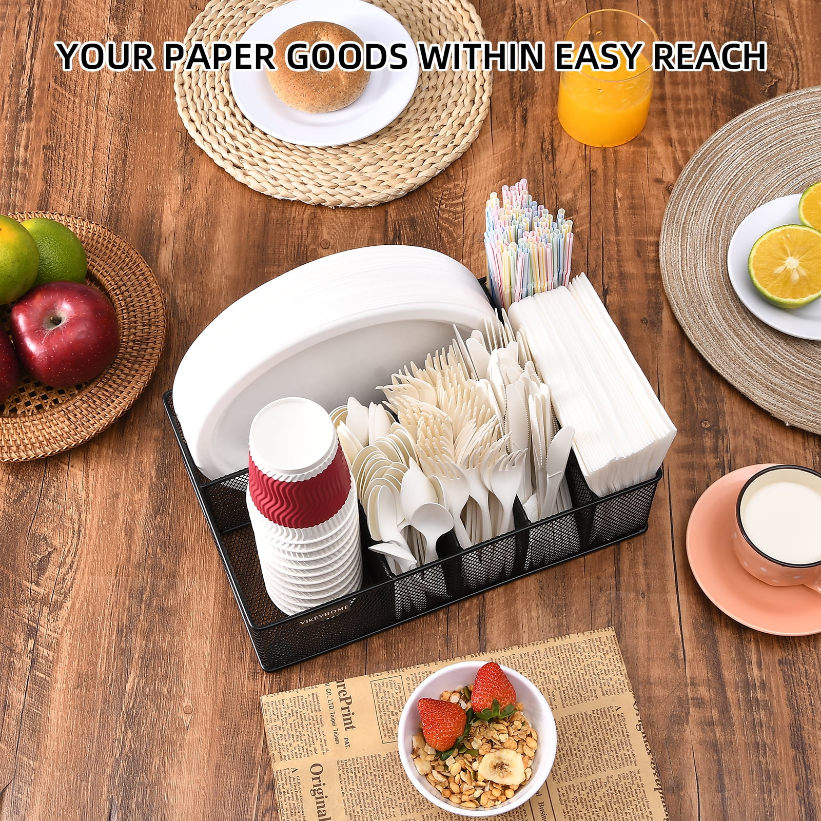 UPTRUST Paper Plate Organizer for Countertop Metal Silverware Caddy with 6 Compartments for Plate Cup Napkin Paper Plate and Utensil Holder Caddy for Party Camping Picnic Walmart