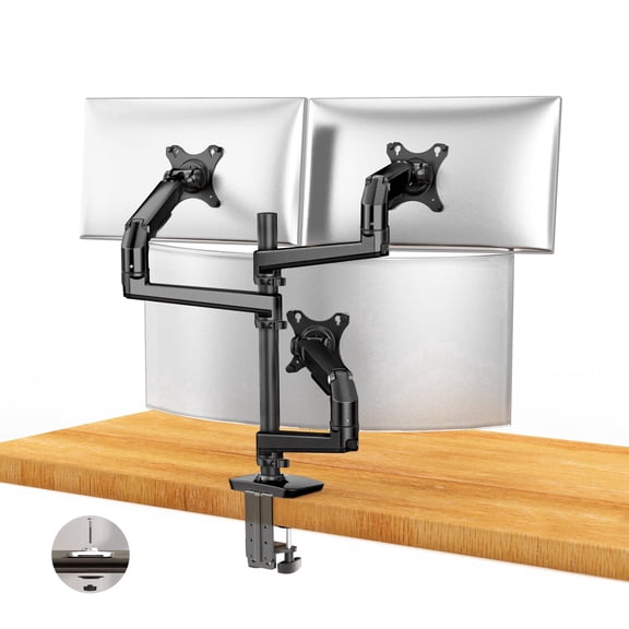 Triple Monitor Mount, Holds Screens up to 40 Inches and 25 lbs, Fully Adjustable 3 Monitor Desk Mount with C-Clamp and Grommet Base, Aluminum, Black