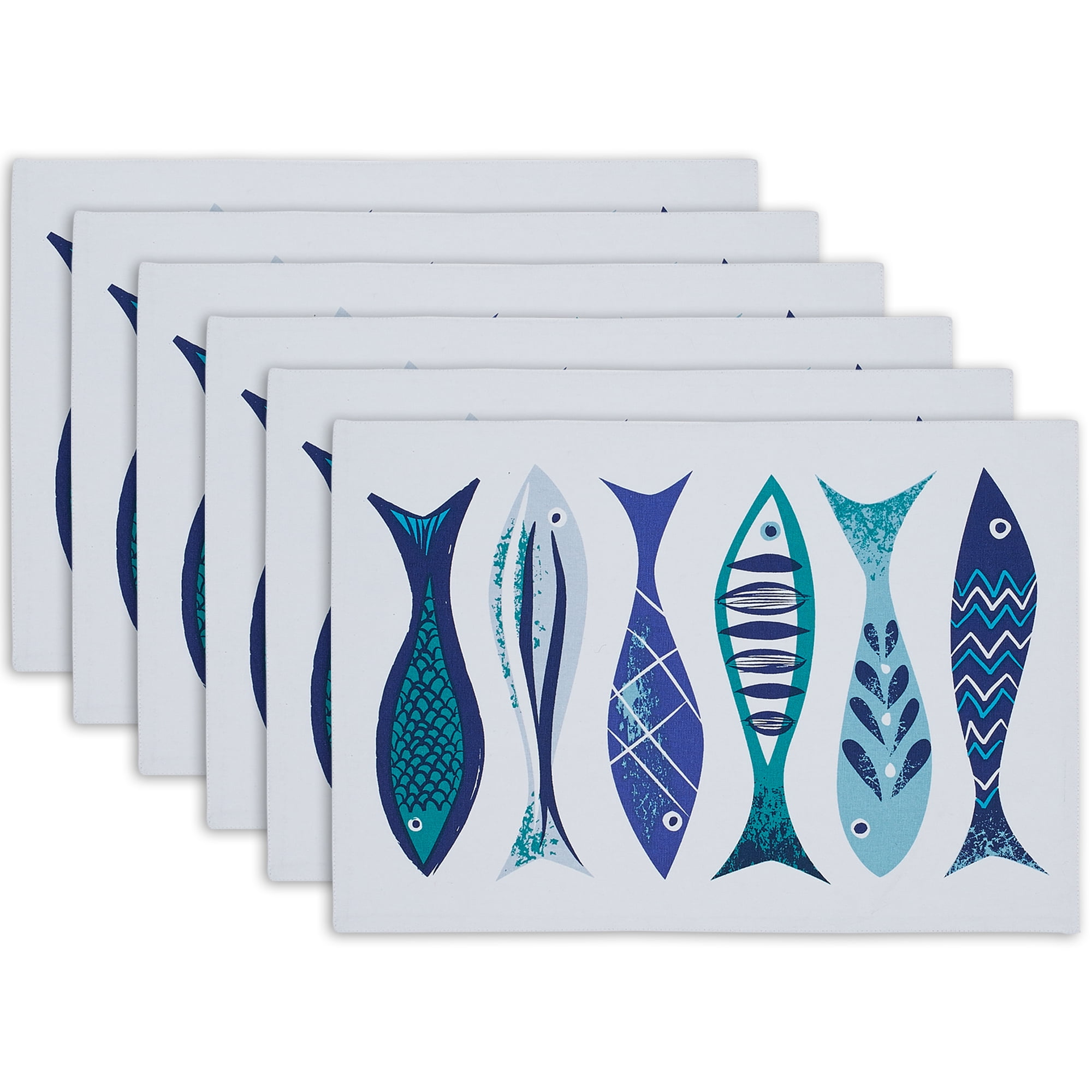 Blue Fish Placemat Set, 13x19 inches, 6 Piece