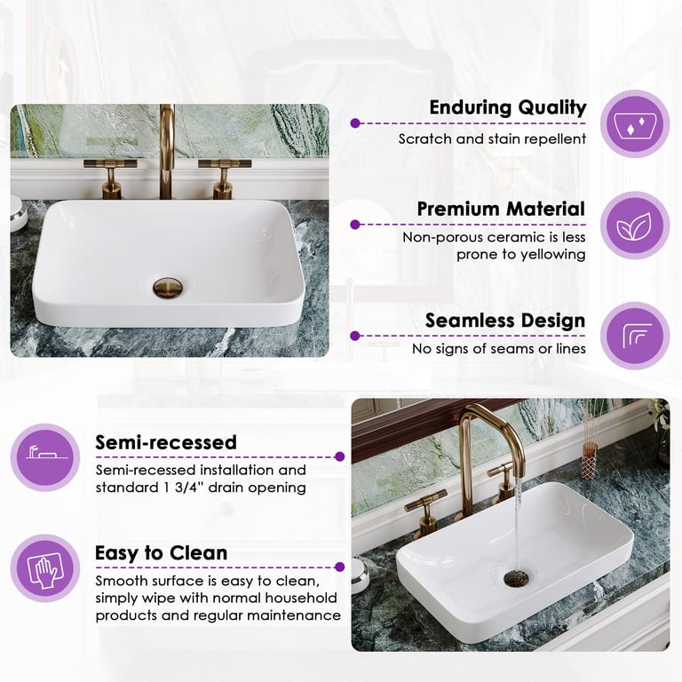 21x18 Inch White Ceramic Drop-in Bathroom Sink - Rectangular Semi-Recessed Vessel Sink