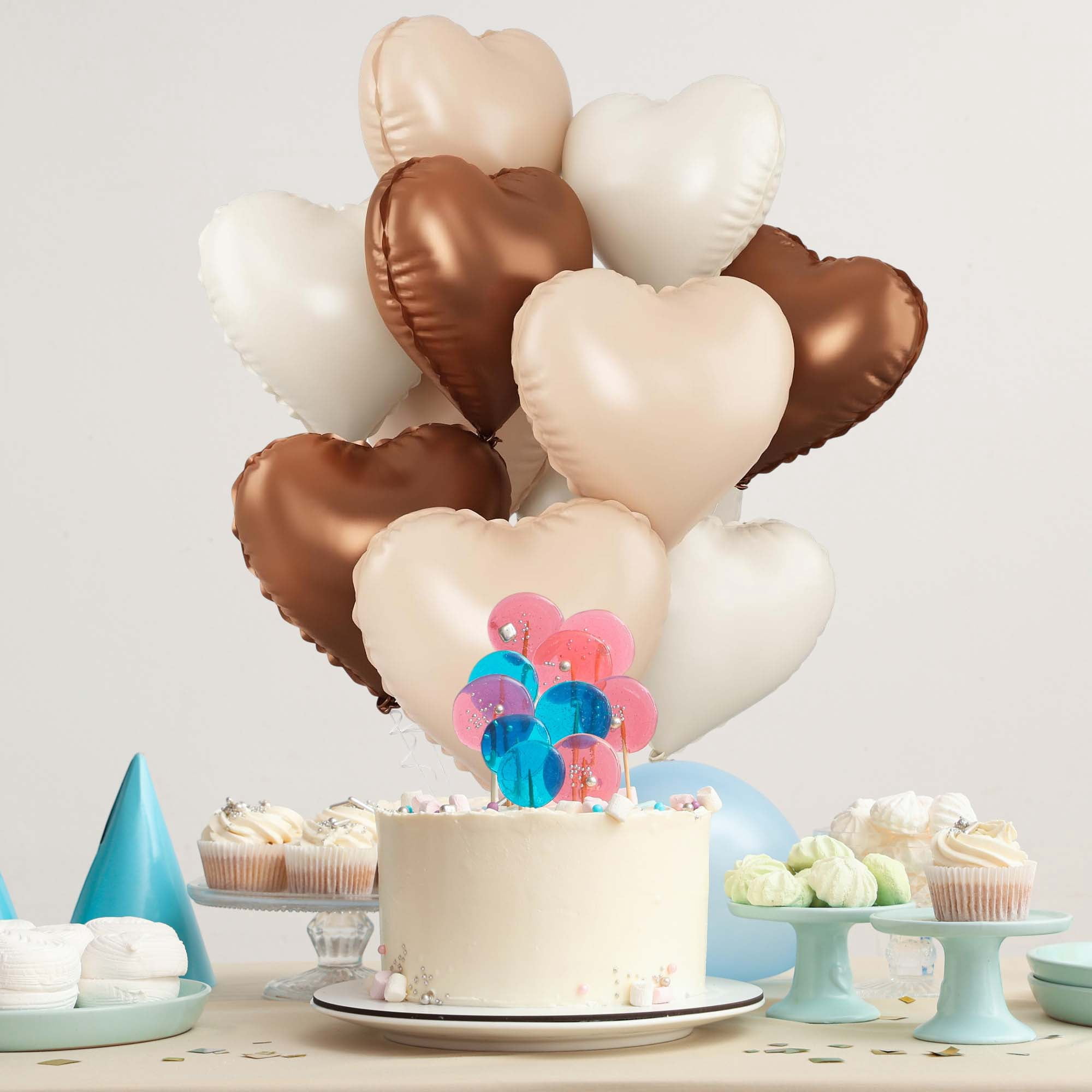 Unique Bargains 10Pcs Helium Balloons with Ribbon Heart Pattern White Brown Apricot
