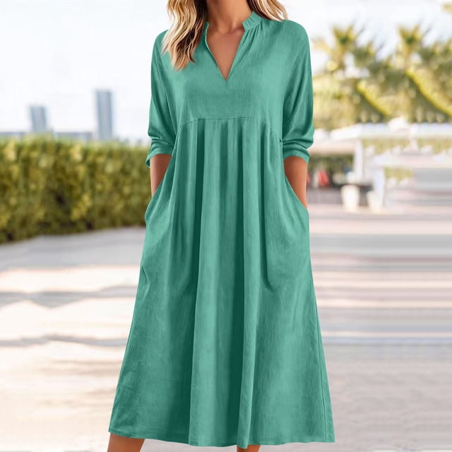 TaTaai Women's Casual V-neck Cotton Linen Loose Long Dress Three Quarter Sleeve with Functional Pockets Soft Breathable Dress Gift