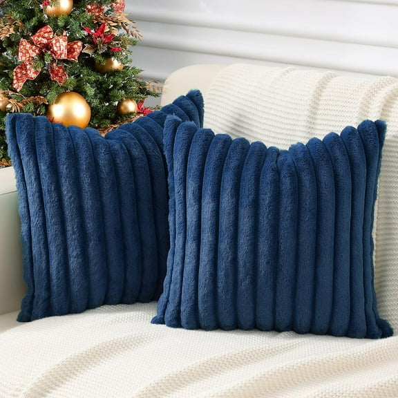Faux Fur Plush Throw Pillow Cover 18" x 18", Luxurious Soft Fluffy Striped Decorative Pillow Cover for Sofa, Couch, Living Room, Navy Navy 18" x 18" (Pack of 2)