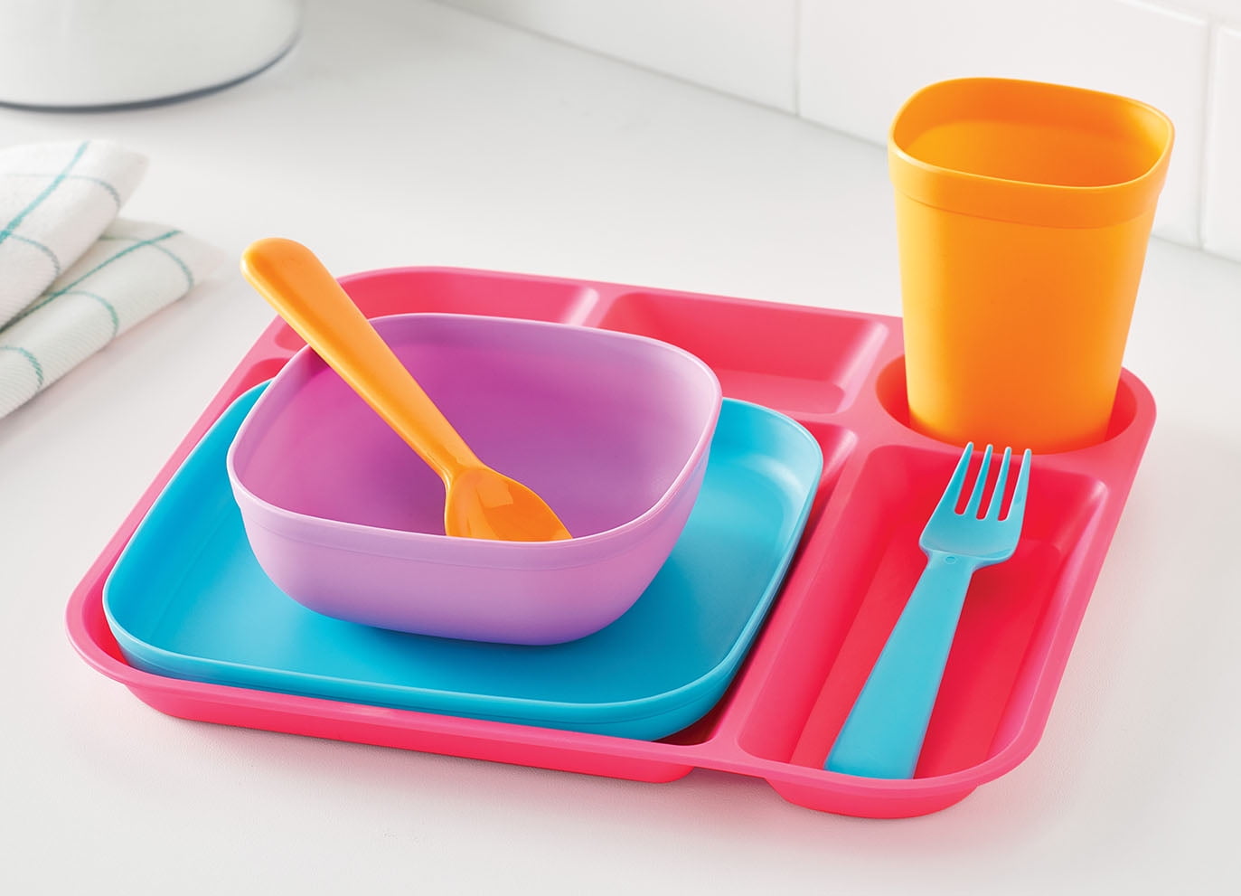 Your Zone 24 Piece Plastic Dinnerware Set for Kids with 4 each Trays, Bowls, Plates, Cups, Forks, Spoons in Bright Pink, Teal, Purple, Orange
